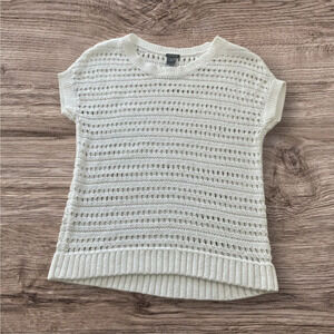 Ann Taylor White Linen Blend Open-Knit Short-Sleeve Sweater Ribbed Hem Size XL